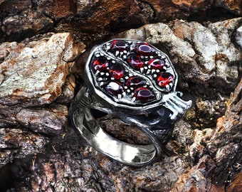 Granaatappel zegelring persephone - symbool van liefde, geluk, gezondheid / dames boho sieraden vintage stijl, sterlingzilveren beloftering