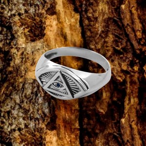 Masonic ring for men, silver all-seeing eye ring, 925 sterling silver freemason ring, masonic signet ring, eye in a triangle silver men ring