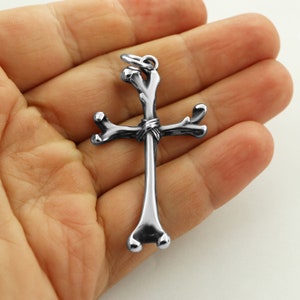 Gothic сross pendant, 925 Sterling Silver cross of bones mens pendant, gothic jewelry, twisted skeleton silver cross charm, witch pendant