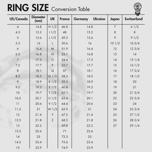 May include: Ring size conversion table with US/Canada, UK, France, Germany, Ukraine, Japan, and Switzerland measurements. Includes millimeter diameter measurements for each ring size, from size 4 to 15.