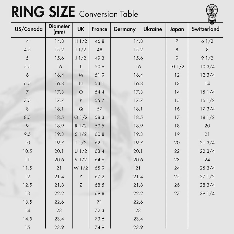 May include: Ring size conversion table with US/Canada, UK, France, Germany, Ukraine, Japan, and Switzerland measurements. Includes millimeter diameter measurements for each ring size, from size 4 to 15.
