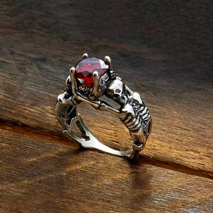 Silver skeleton ring with red stone, jewelry gift for her, steampunk ring, gothic wedding ring, witch ring, vampire ring, skull ring women