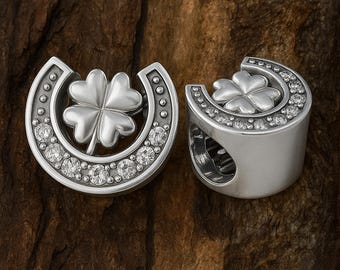Sterling Silver Lucky Horseshoe Charm – Four Leaf Clover & CZ