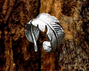 Feather silver ring, adjustable angel feather ring gift for her, nature inspired ring, sterling silver feather jewelry, simple thumb ring