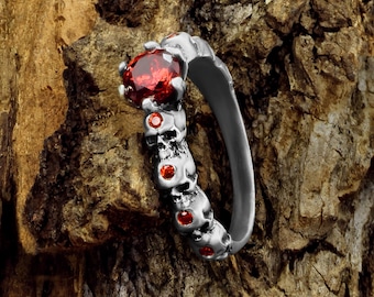Sterling Silver Skull Ring, Gothic Red Gemstone Ring, Promise Jewelry