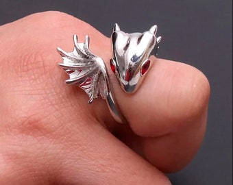 Dragon Red Eyes Adjustable Ring, Sterling Silver Dragon Jewelry