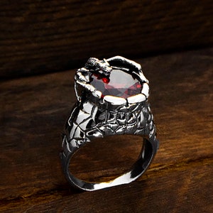 Guardian Dragon Silver Ring with Red Stone, Signet Ring for Men, 925 Sterling Silver Dragon Jewelry, Ring with Dragon, Birthday Jewlrey Gift