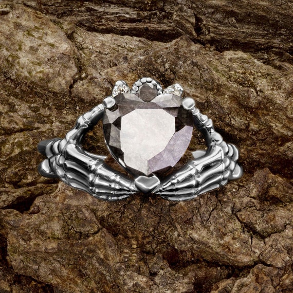 Skeleton Hand With Heart Clear Stone Ring, 925 Sterling Silver