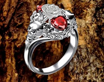 Skull Ring, Sterling Silver, Rose and Ruby, Memento Mori Jewelry