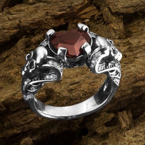 Silver Skull Wedding Ring, Heart Gemstone Ring, Gothic Jewelry for Women, Steampunk Engagement Ring, Witch Gift