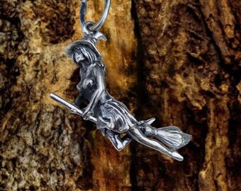 Fliegende Hexe Sterling Silber Anhänger | Gothic Wicca Halskette