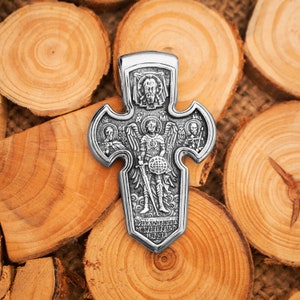 Orthodox cross pendant Archangel Michael, 925 sterling silver St Michael pendant, orthodox jewelry gift, double-sided cross necklace men