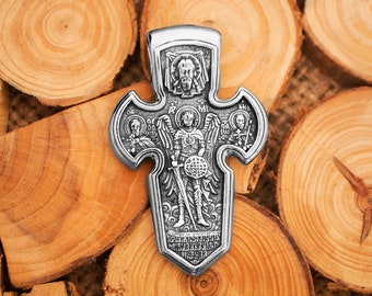 Orthodox cross pendant Archangel Michael, 925 sterling silver St Michael pendant, orthodox jewelry gift, double-sided cross necklace men