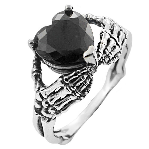 Black heart steampunk ring, gothic wedding band, cool designer sterling silver ring