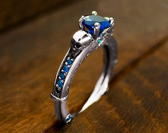 Sterling Silver Skull Ring, Gemstone Gothic Wedding Ring