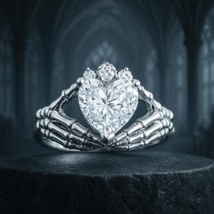 May include: A silver ring with a heart-shaped diamond, held by skeleton hands. The ring is topped with a crown of smaller diamonds. The background is a dark, gothic-style interior.