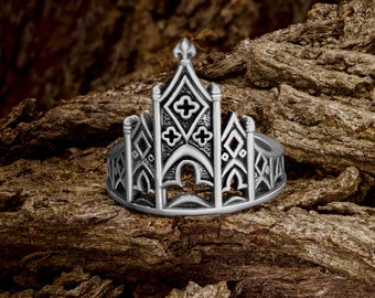 Anello della cattedrale gotica, castello medievale - Anello nuziale in argento sterling, gioielli gotici cattolici