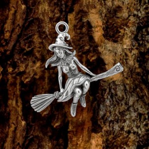 Sterling silver witch on broom pendant, flying witch charm, silver witch jewelry, gothic witch pendant, esoteric pendant necklace