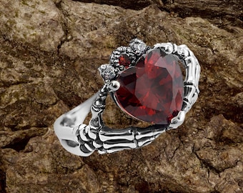 Silver skeleton hands hold heart of stone ring, promise ring for her, 925 sterling silver gothic jewelry, claddagh ring, witch wedding bands