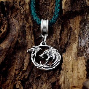 May include: A silver pendant necklace with a wolf's head design. The pendant is on a teal blue cord.