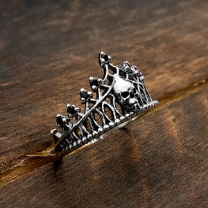 Anillos de calavera y corona de plata, anillo de plata de ley 925 para bruja, anillo steampunk para ella, anillo gótico, banda de corona de plata, anillo de boda gótico