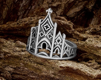 Gothic Cathedral Ring for Womens, Medieval Castle - Sterling Silver Wedding Ring, Catholic Gothic Jewelry - Promise Ring