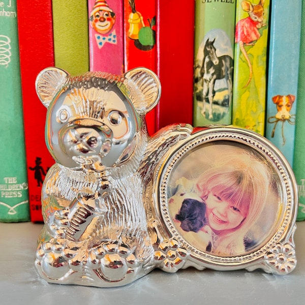Vintage 1980s Silver Plated Photo Frame Teddy Bear Money Box Piggy Bank Ornament Baby Kid Children Boy Girl Gift Christening Baby Shower