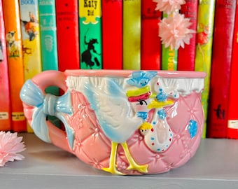 Vintage Kitsch 1980s Baby Stork Nursery Planter Ornament Children Baby Girl Baby Boy New Baby Vintage Baby Gifts Mug Pot