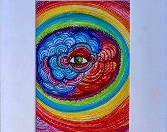Puede incluir: Un dibujo abstracto colorido de un ojo con un fondo de arcoíris. El ojo está rodeado de patrones en espiral en tonos de azul, rojo y morado.