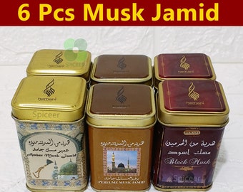 6 Pcs Musk Jamid Solid Perfume & Amber, Black Musk 25gram Halal Fragrance Arabic Hemani مسك جامد