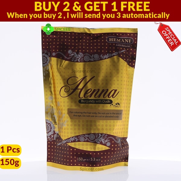 1× Hemani Henna Burgundy with Oudh  Color Natural hair Dye - Powder 150g حنة برقندي مع عود - BUY 2 GET 1 FREE