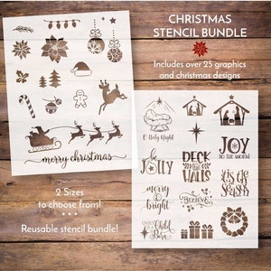 christmas stencil bundle, holiday stencil pack, reusable stencil, nativity stencil, santa sleigh stencil, poinsettia stencil, deck the halls