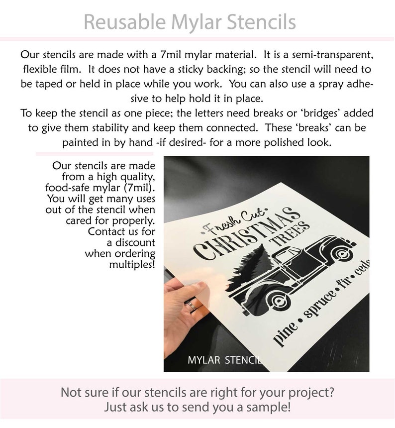 May include: A black and white reusable mylar stencil for crafting. The stencil features a truck with a Christmas tree in the bed and the text "Fresh Cut Christmas Trees" and "pine spruce fir cedar".