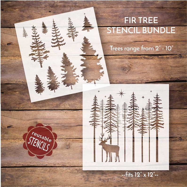 christmas tree stencil bundle, fir tree stencils, holiday stencil pack, mylar reusable stencil, deer in trees, christmas tree stencil image 1