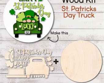 DIY WOOD KIT / St. Patricks Day Farm Truck / laser cut door hanger kit / Lucky Leprechaun Gnome on Tailgate Truck / Paintable craft