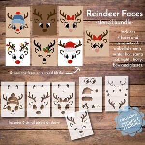 May include: Six reusable stencils for creating reindeer faces. The stencils include four different reindeer faces, a Santa hat, a winter hat, holly, lights, a bow, and glasses.  The stencils are on a wood background.  Reindeer Faces -stencil bundle-