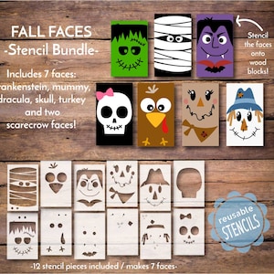 Fall Faces - Stencil Pack, halloween stencil faces, scarecrow stencils, stencils for painting wood blocks, turkey face stencil, reusable