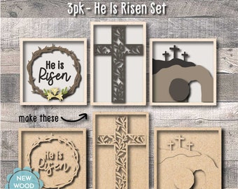 DIY Wood Kit Minis / He Is Risen, Lace Pattern Cross, Empty tomb / Paintable Easter shelf sitters / 3pk