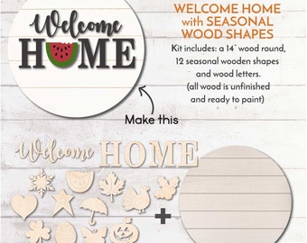 DIY WOOD KIT with changeable seasonal shapes / Door hanger kit / craft gift idea /  laser cut seasonal door hanger kit / welcome to our home