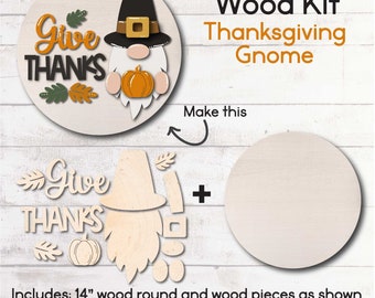 DIY WOOD KIT / Thanksgiving Gnome Door hanger kit / Fall craft gift idea / Give Thanks with Pumpkin / Laser Cut Paintable Kit