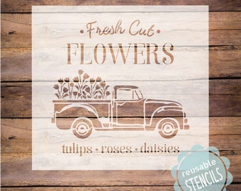 Spring flower stencil, fresh cut flowers, vintage truck stencil, stencil for painting, reusable stencil, fresh cut flower truck stencil