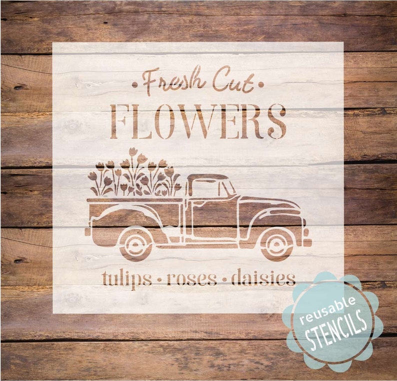 Spring flower stencil fresh cut flowers vintage truck image 1