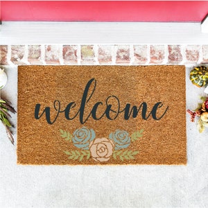 welcome flower stencil, reusable stencil, DIY door mat stencil,  coco door mat stencil, mylar stencil, floral stencil, rose stencil, DIY mat