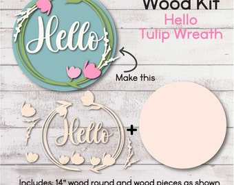 WOOD KIT  / Hello Tulip Wreath / Door hanger kit / craft gift idea / Hello Tulip laser cut door hanger kit
