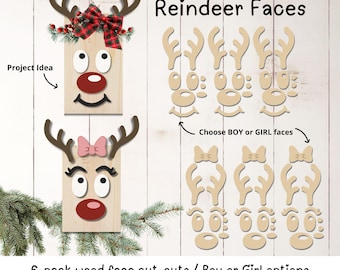 REINDEER Faces 6 pack WOOD Cut-Outs / DIY reindeer wood faces / Easy craft idea for kids / winter craft cut outs reindeer boy reindeer girl