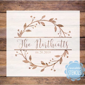 Personalized name wreath stencil for wedding or home decor, Mylar reusable stencil for painting, DIY stencil with family name est date