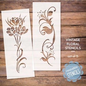 vintage flower stencil for painting, reusable mylar stencil for craft projects or furniture decor, floral vine stencil, set of 2 florals