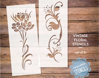 vintage flower stencil for painting, reusable mylar stencil for craft projects or furniture decor, floral vine stencil, set of 2 florals