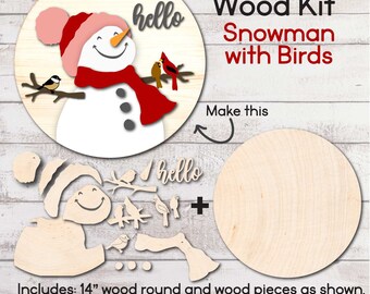 DIY WOOD KIT / Happy Snowman with Birds / Door hanger kit / craft gift idea / Hello laser cut door hanger kit