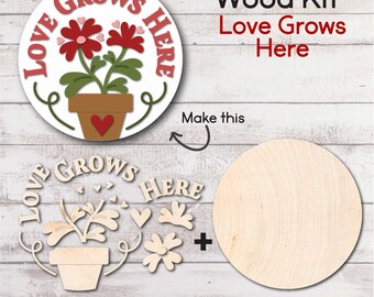 WOOD KIT / Love Grows Here Door hanger kit / craft gift idea / flower pot valentine craft kit / paintable kit